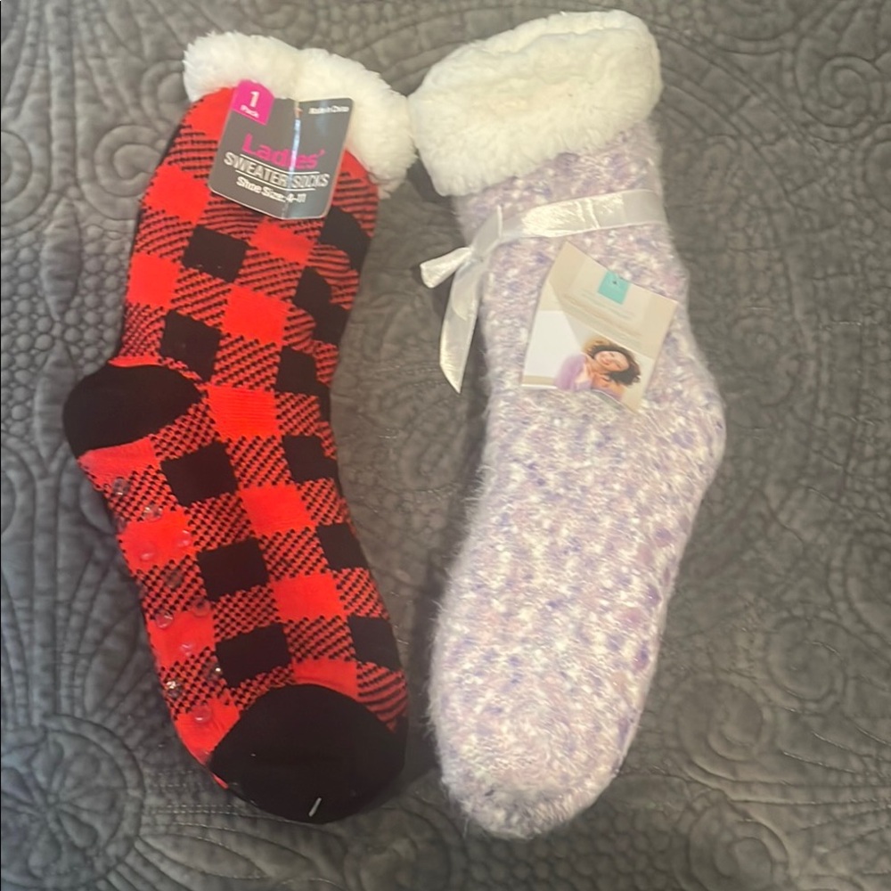 Red Plaid and Purple Fuzzy Socks Set